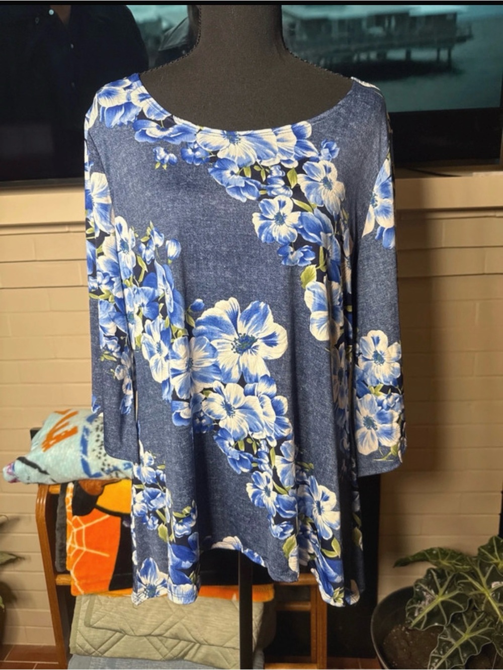 Brittany Black Blue Floral Scoop-Neck Blouse